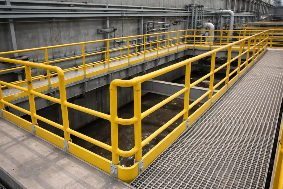 elevated industrial walkway with composite safety handrails
