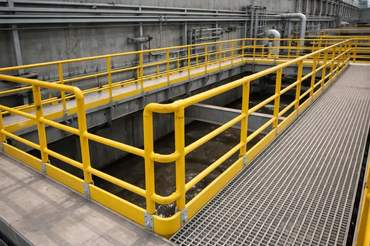elevated industrial walkway with composite safety handrails